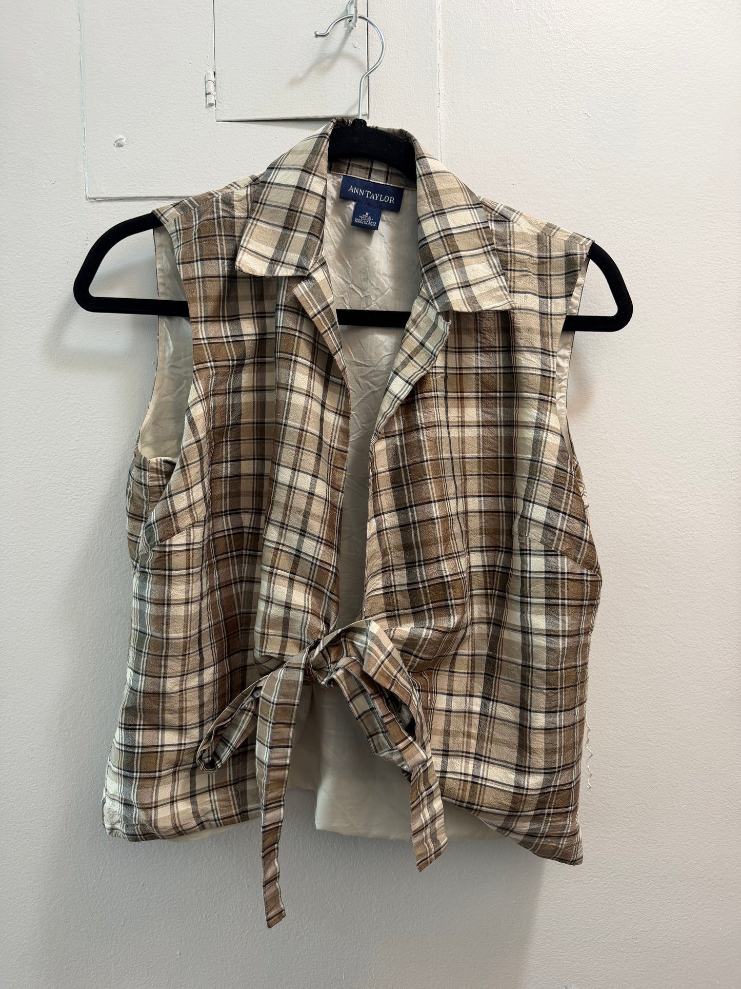 100% silk brown gray and white gingham tank with tie