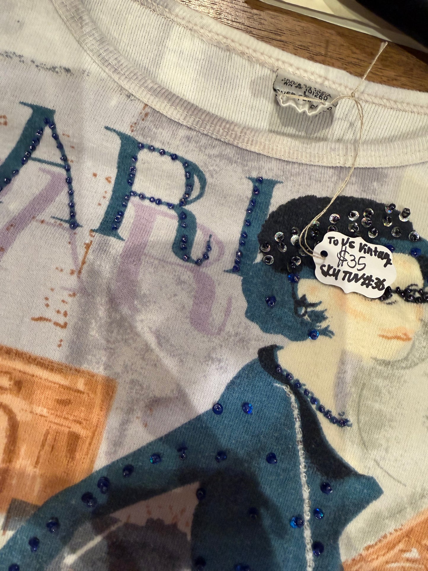 100% Paris Cotton tee with woman and beaded - sku tuv #36