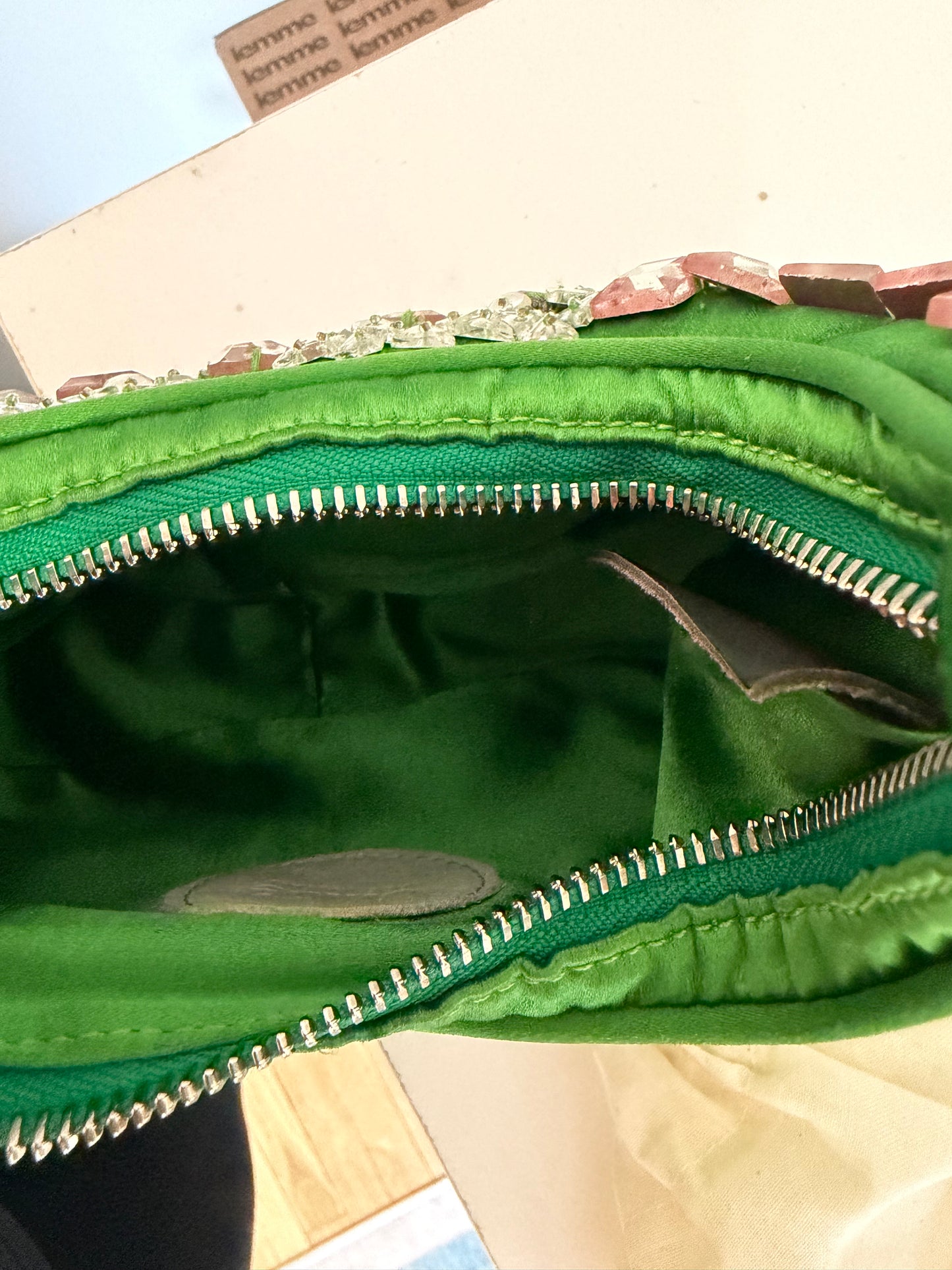 Rare Archival Chloé “Bracelet Bag” in Green Satin with hand stitched crystal beaded details