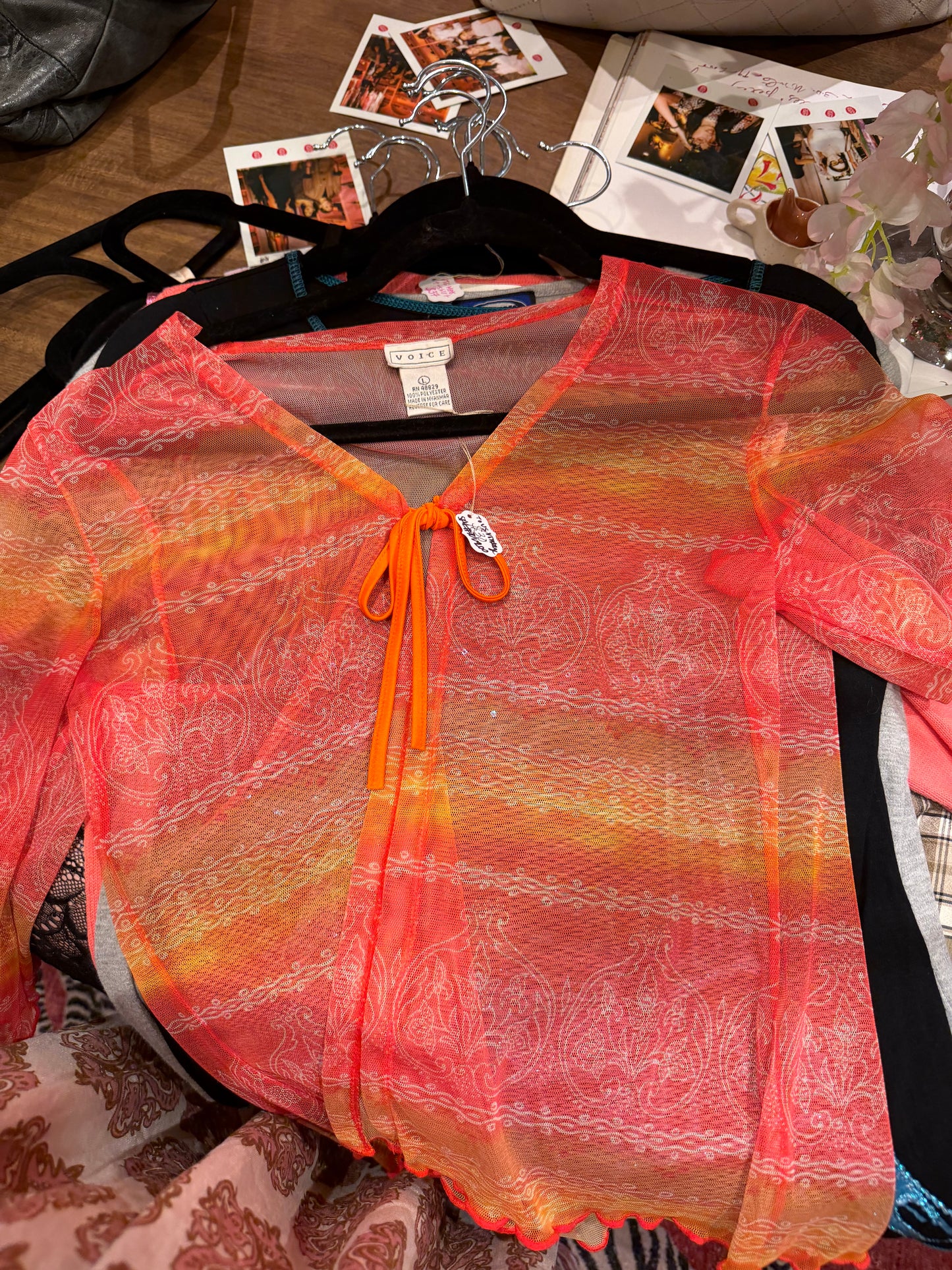 Sheer shades of orange Ombré top with tie - SKU TUV #200