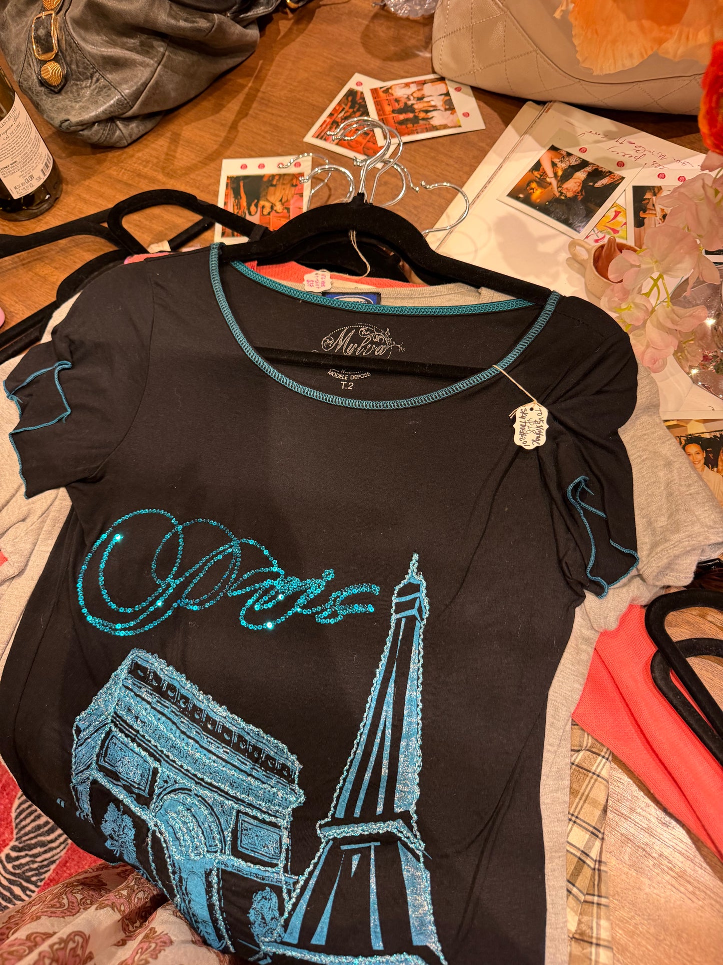 Black Paris Graphic Tee with Blue Lettering - sku TUV #201