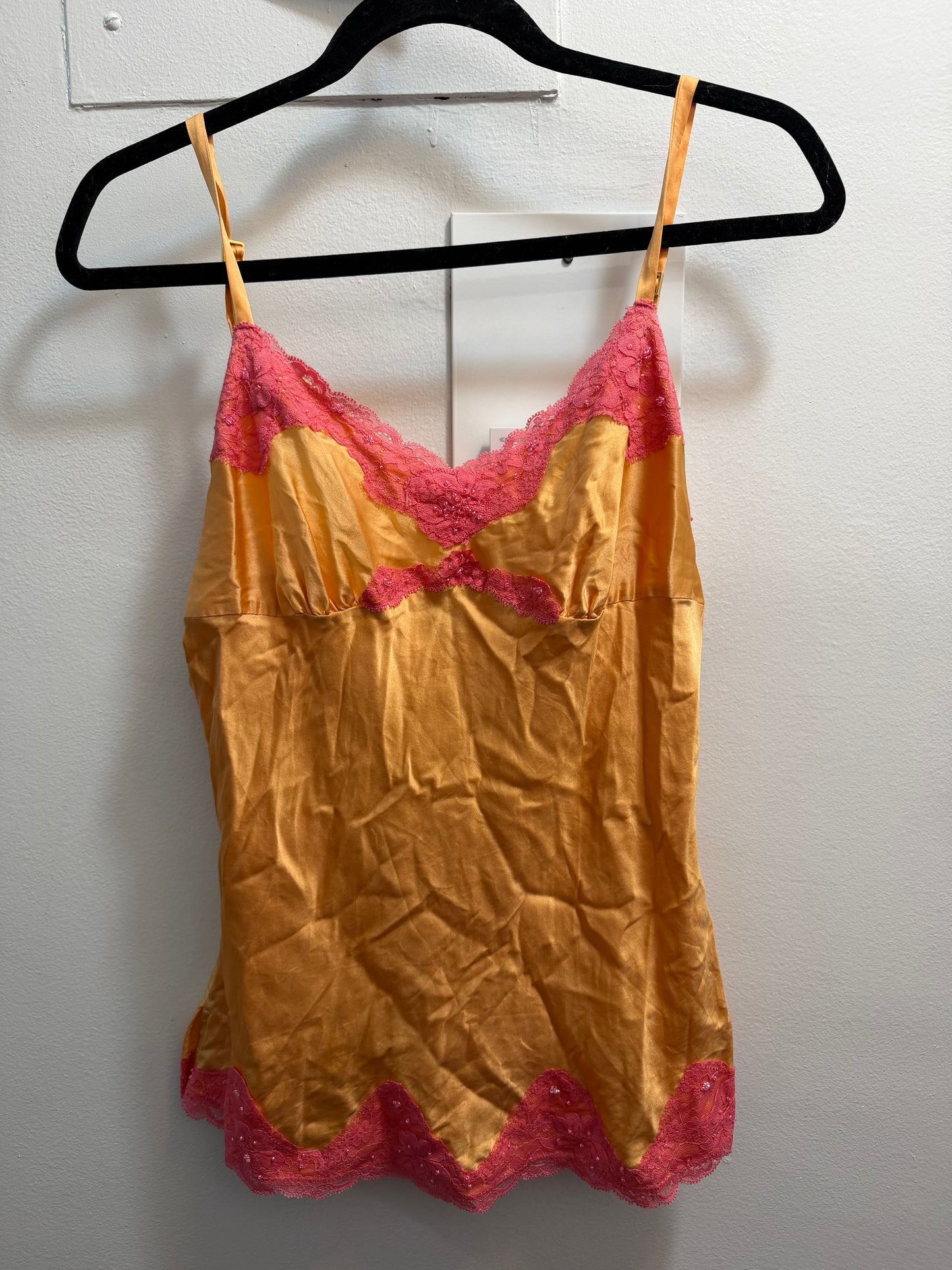 Vintage Orange Silk Camisole with Pink Lace trim