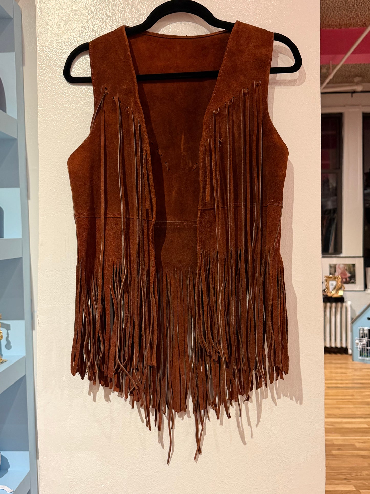 Vintage brown leather vest with fringe TUV #123425