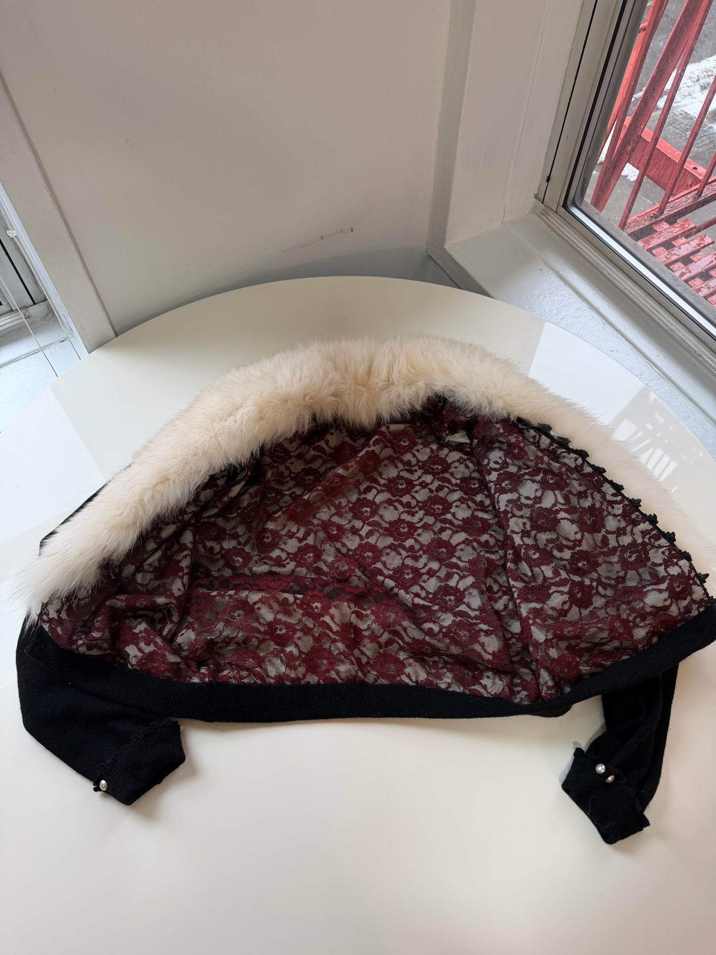 Vintage fox fur black sweater bolero with pearl details on sleeves - sku tuv #8679
