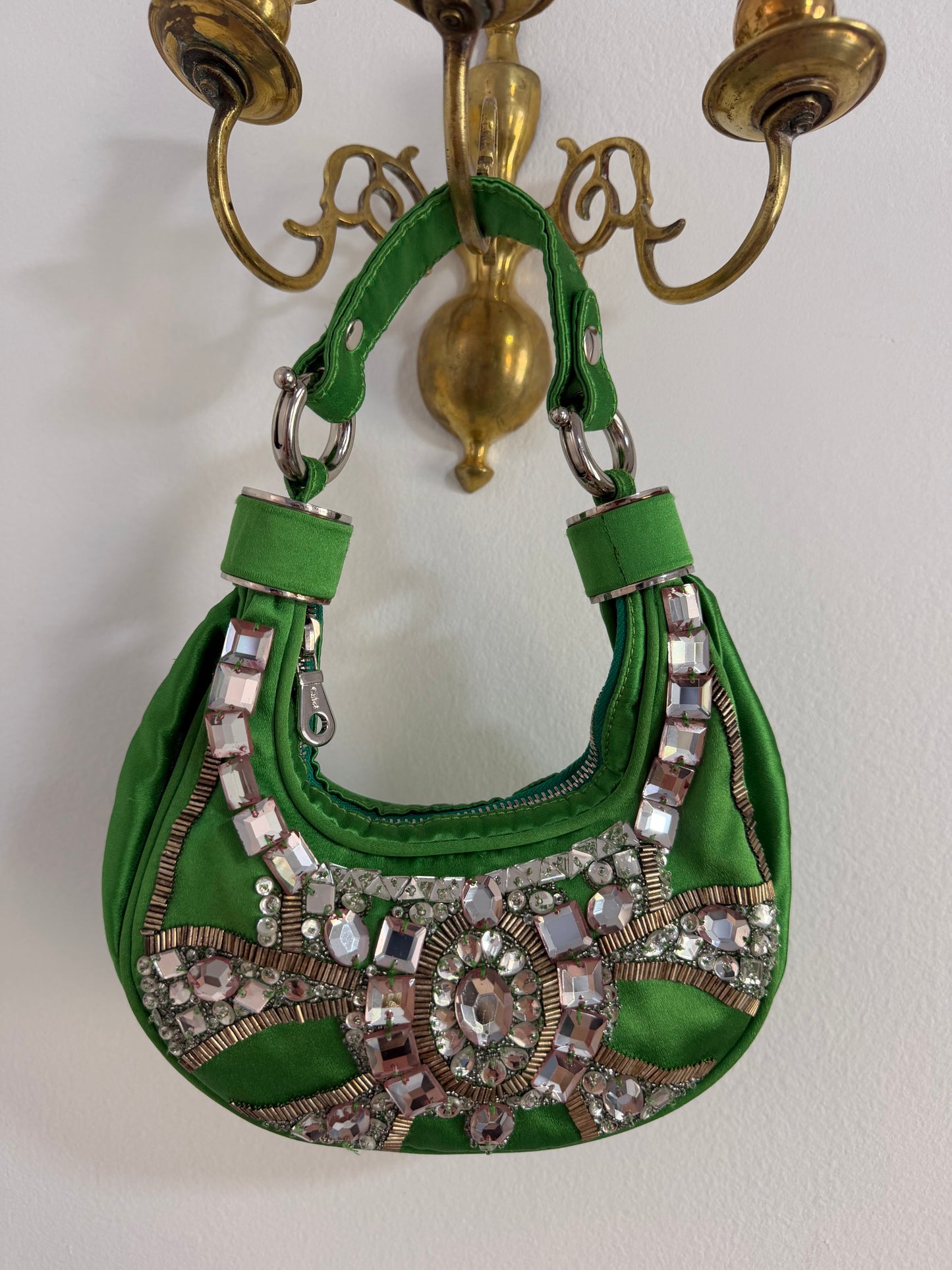 Rare Archival Chloé “Bracelet Bag” in Green Satin with hand stitched crystal beaded details