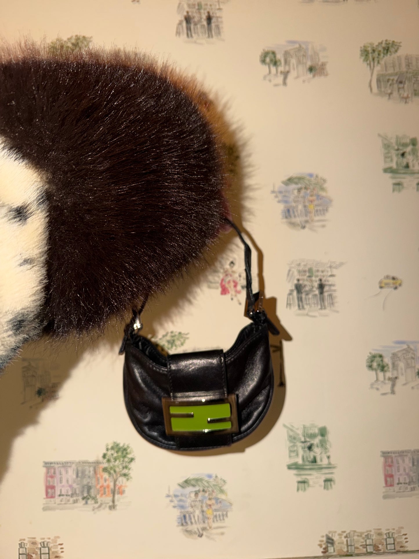Vintage Fendi Black Leather Mini Croissant Bag with Lime Green Logo - sku TUV #4