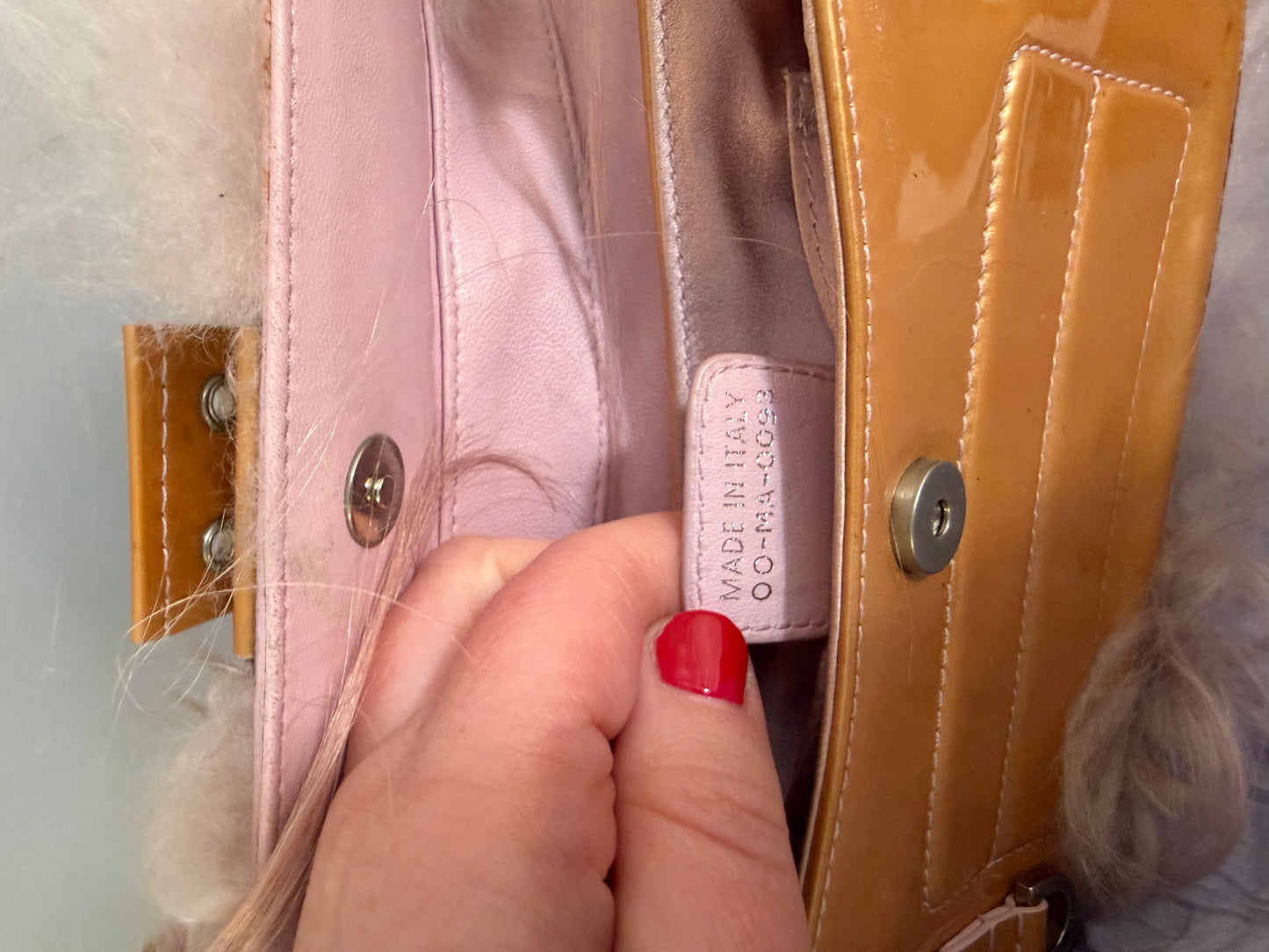 Rare Dior by John Galliano FW 2003 Pink Mongolian fur & Patent Leather Columbus Clutch - runway piece - TUV #88885