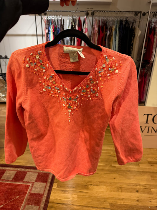 Coral cotton sweater with beaded details - sku tuv #215