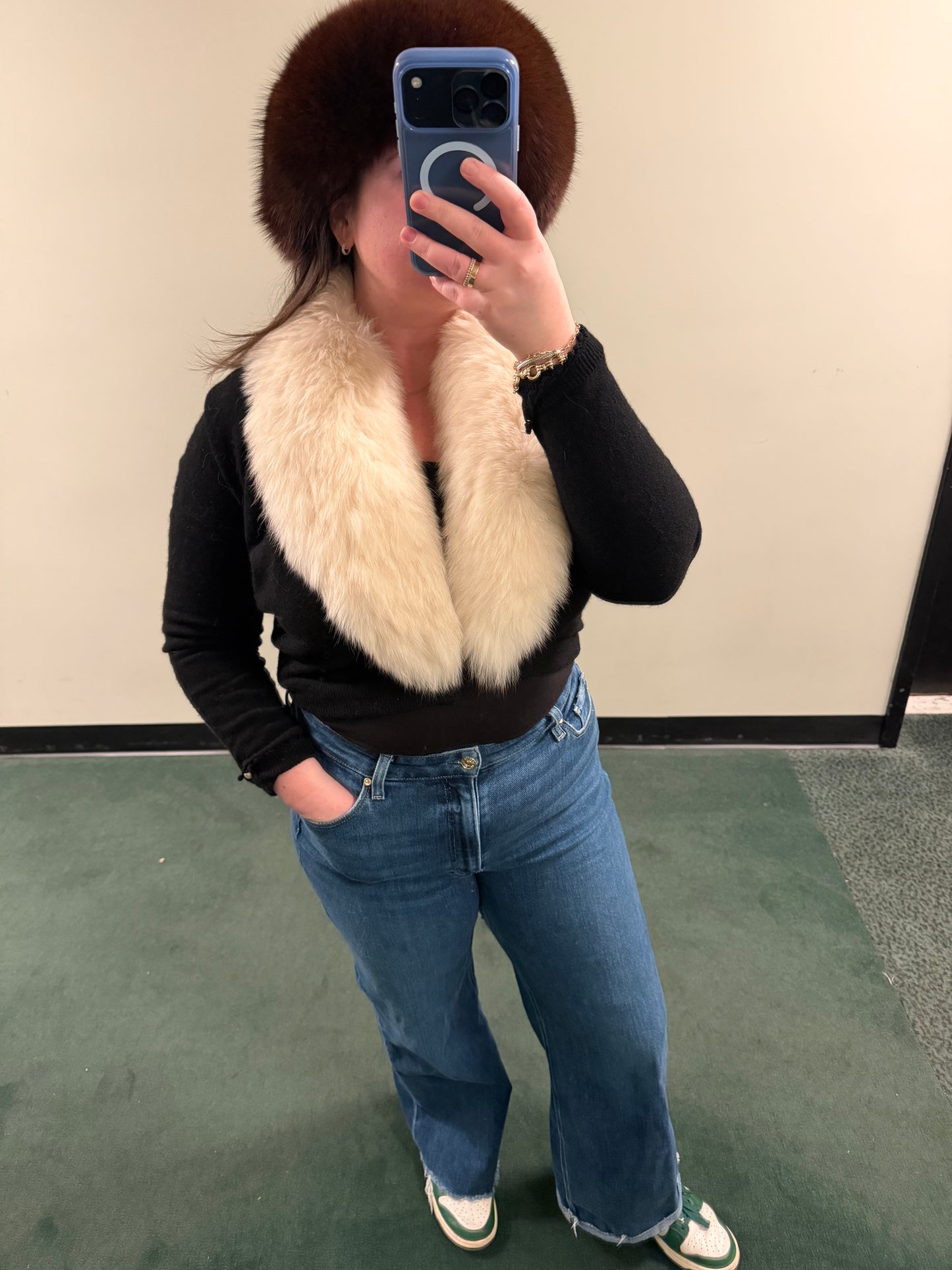 Vintage fox fur black sweater bolero with pearl details on sleeves - sku tuv #8679