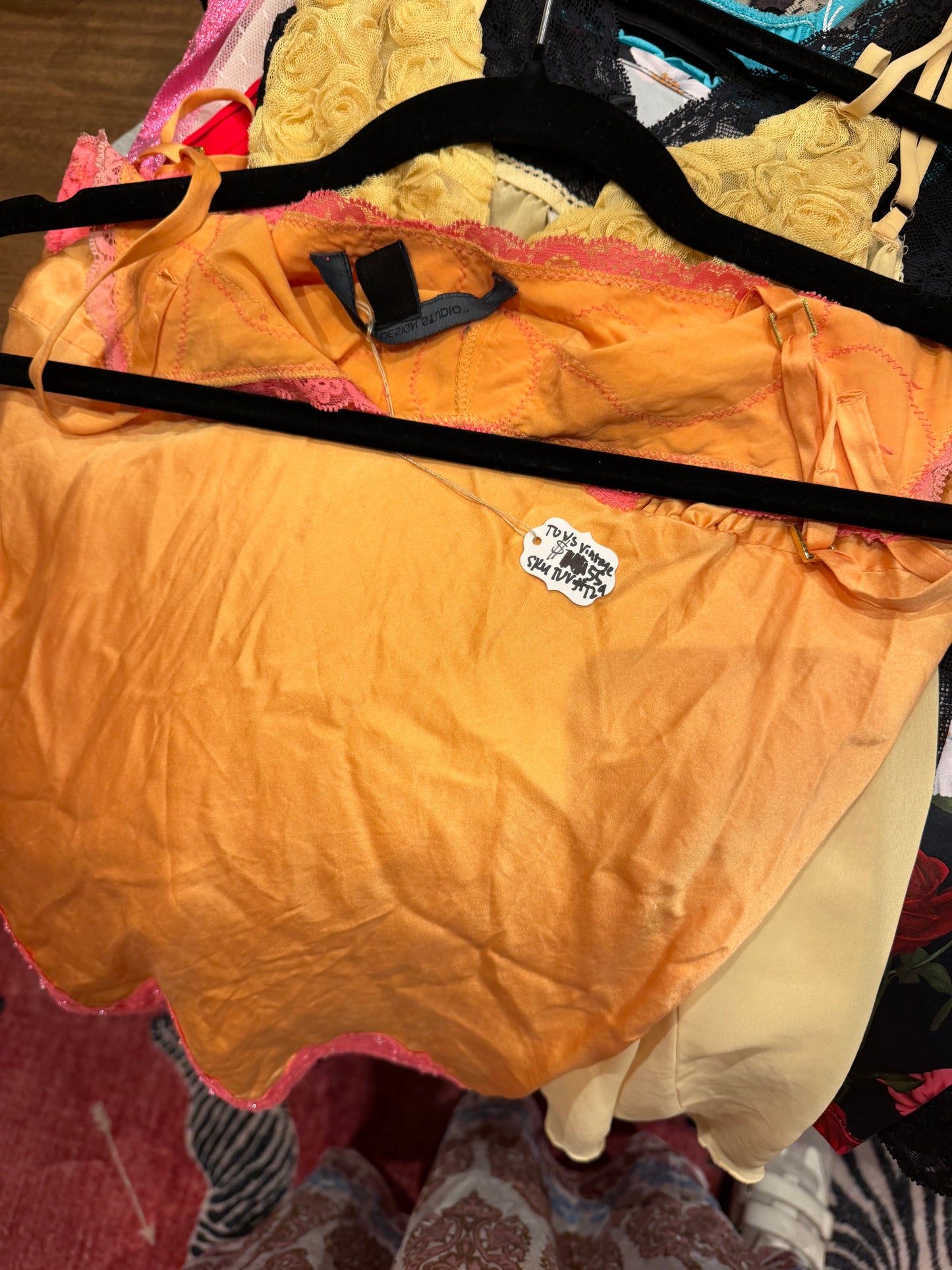 Vintage Orange Silk Camisole with Pink Lace trim - sku tuv #729
