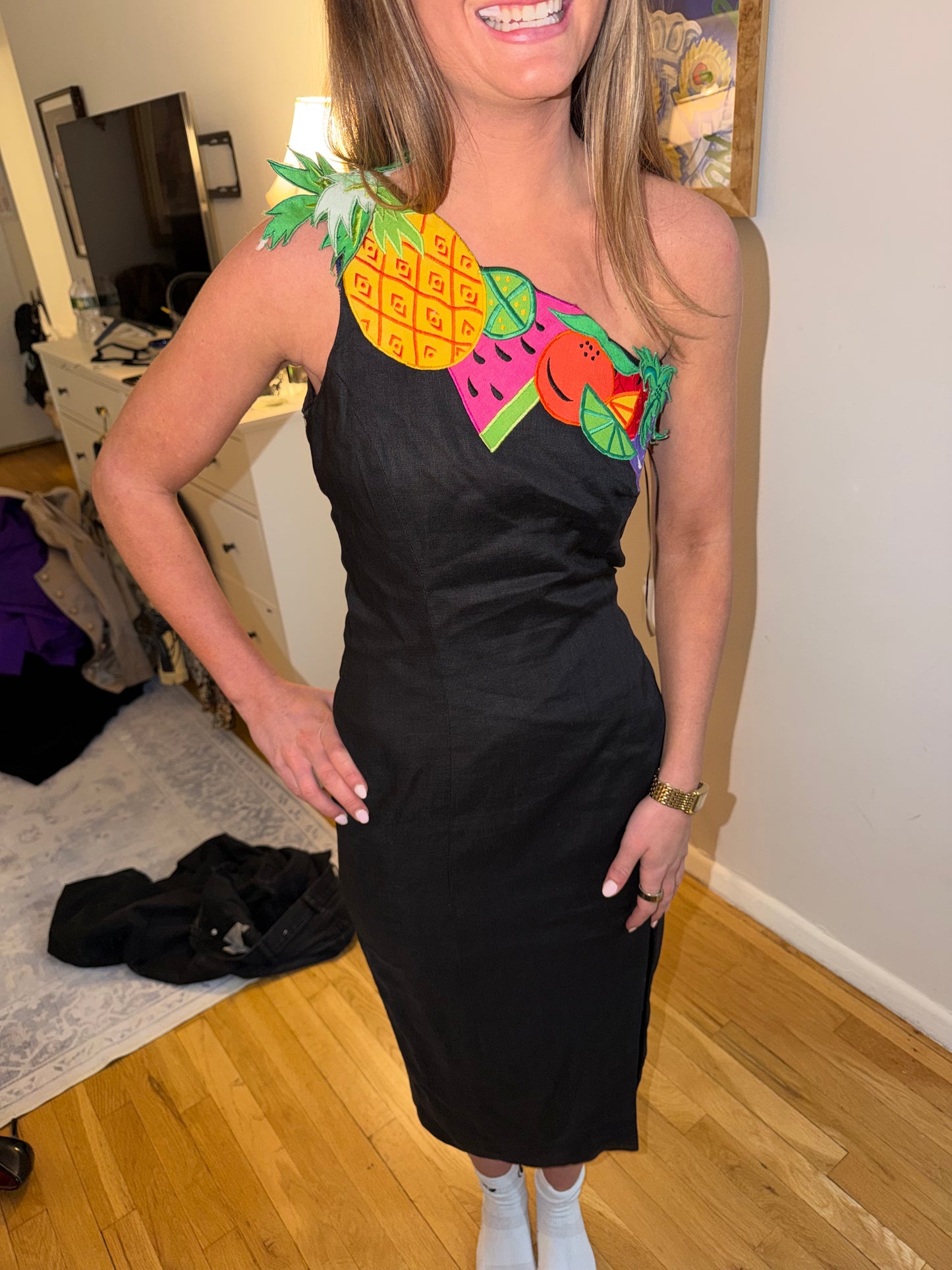 100% Linen black fruit dress