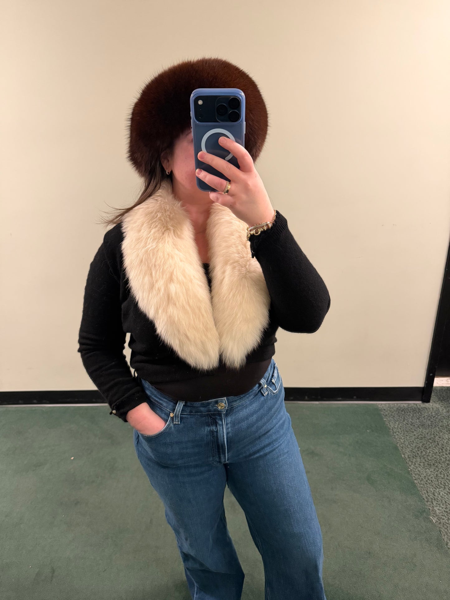 Vintage fox fur black sweater bolero with pearl details on sleeves - sku tuv #8679