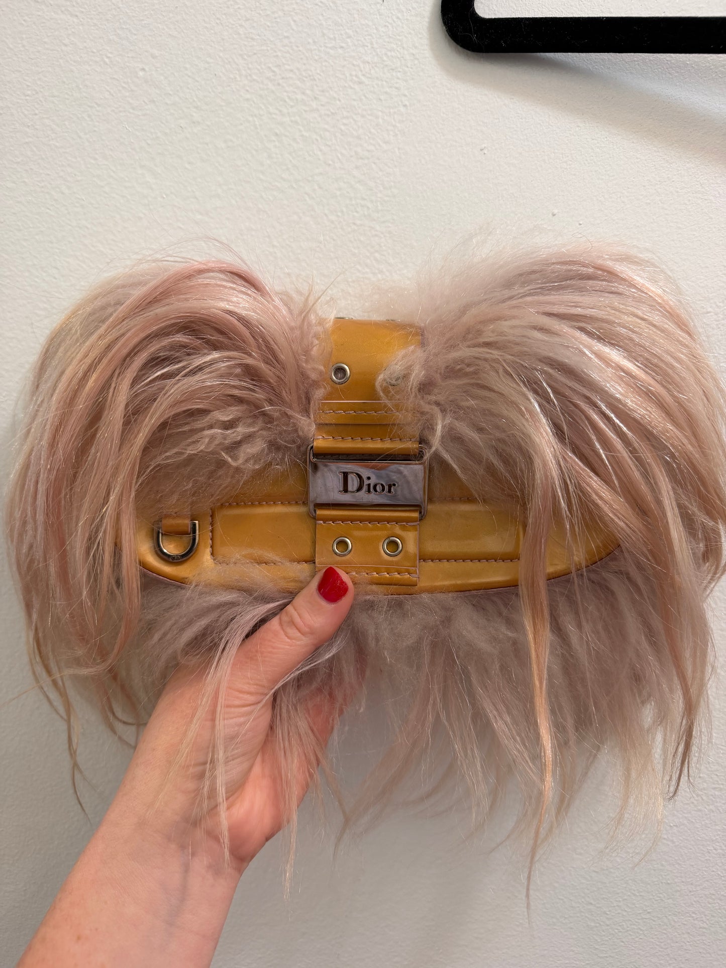 Rare Dior by John Galliano FW 2003 Pink Mongolian fur & Patent Leather Columbus Clutch - runway piece - TUV #88885