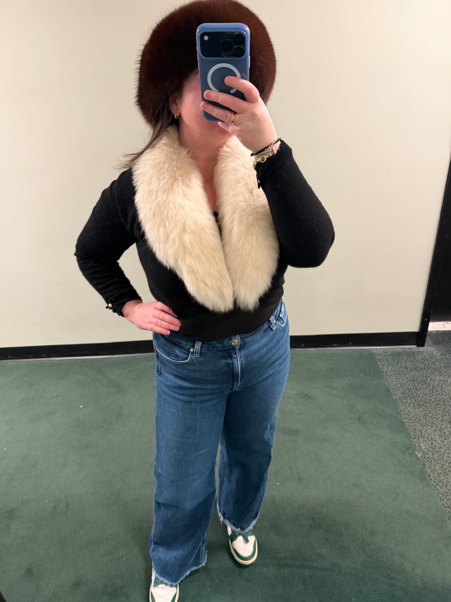 Vintage fox fur black sweater bolero with pearl details on sleeves - sku tuv #8679