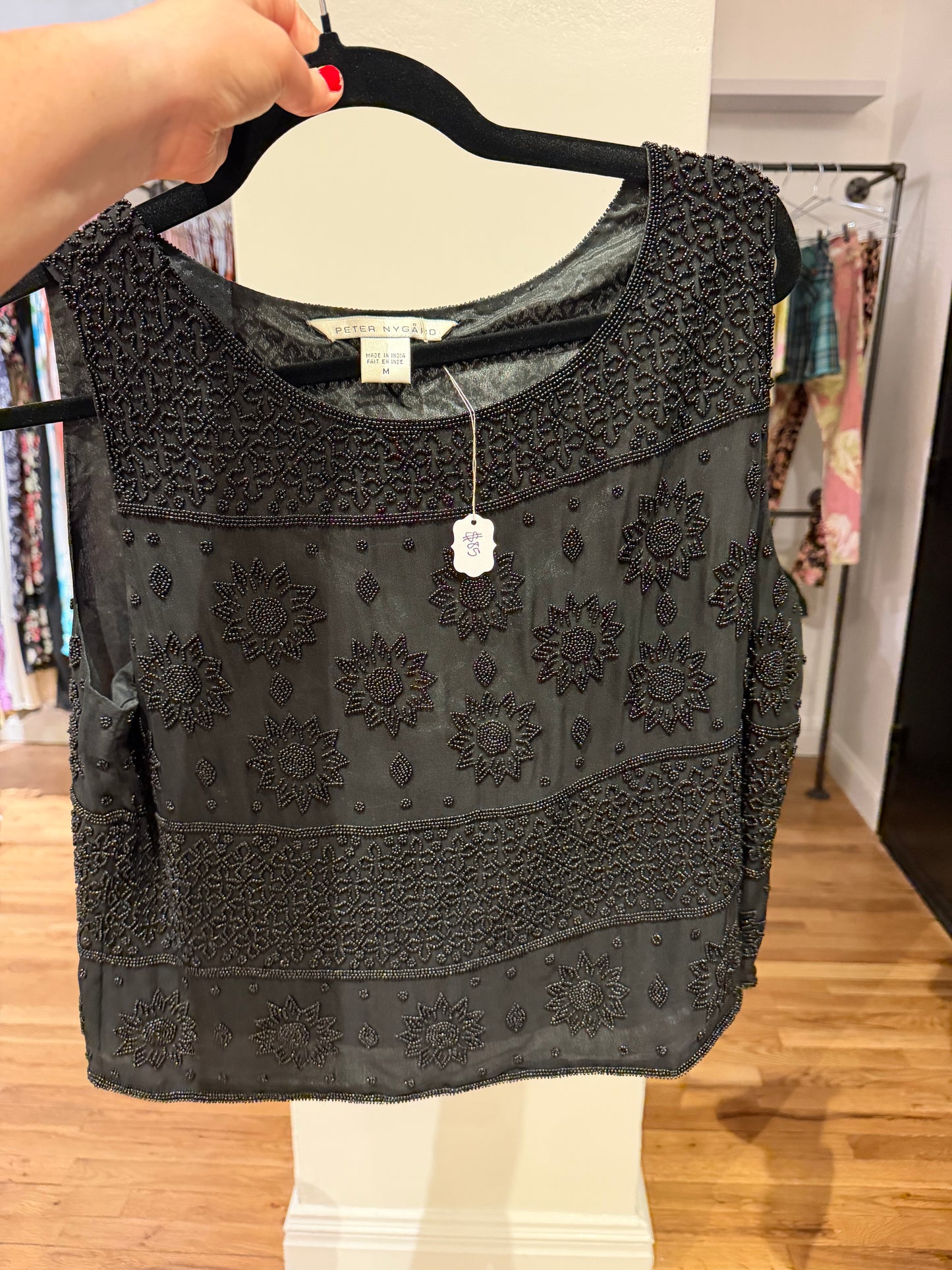 100% silk black tank top with hand beaded details - sku tuv #191