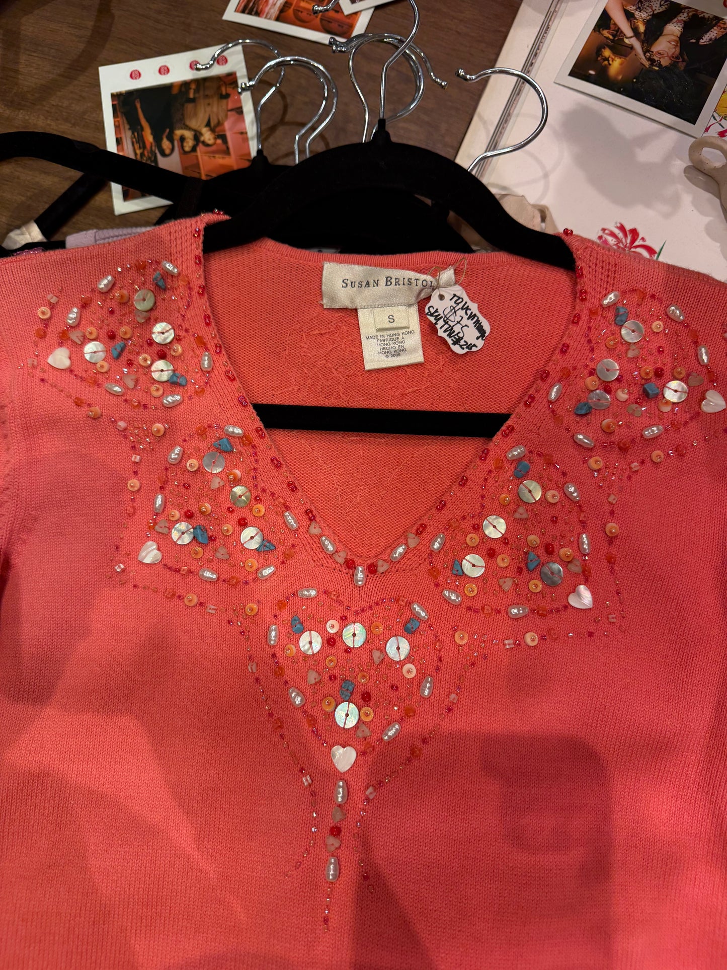 Coral cotton sweater with beaded details - sku tuv #215