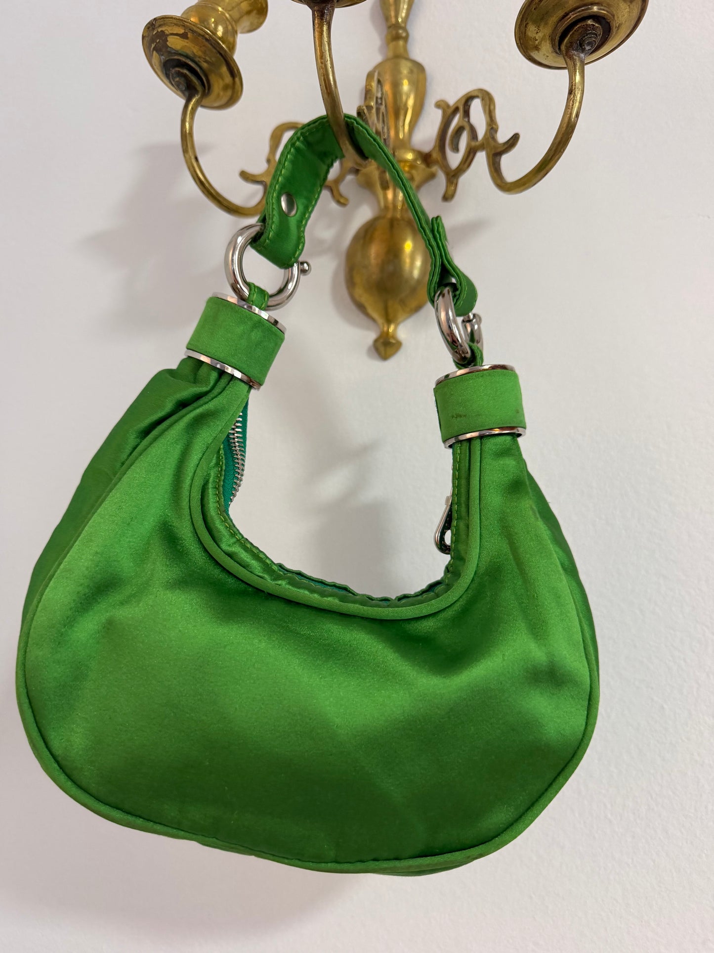 Rare Archival Chloé “Bracelet Bag” in Green Satin with hand stitched crystal beaded details