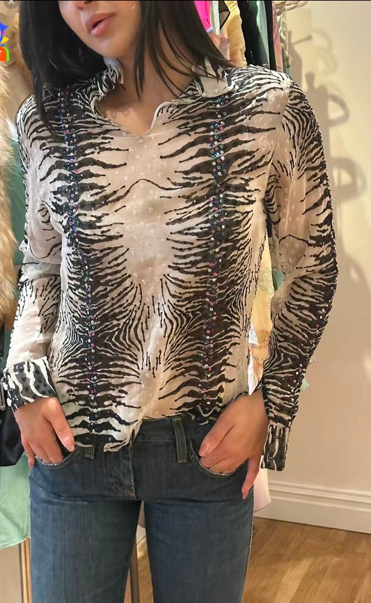 Zebra bedazzled 100% silk shirt - TUV #65768