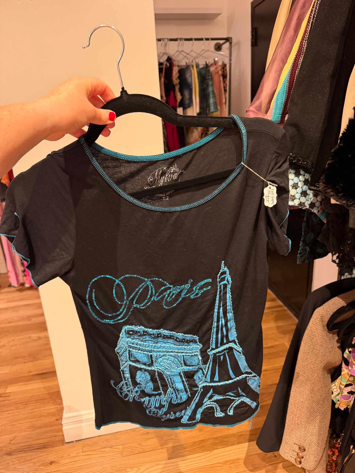 Black Paris Graphic Tee with Blue Lettering