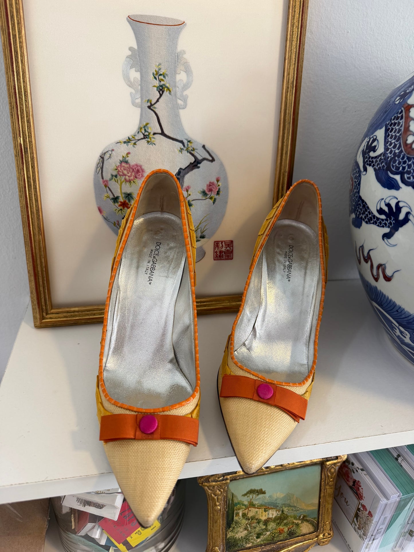 Dolce & Gabbana raffia pumps with yellow trim nd orange bow - TUV #767809