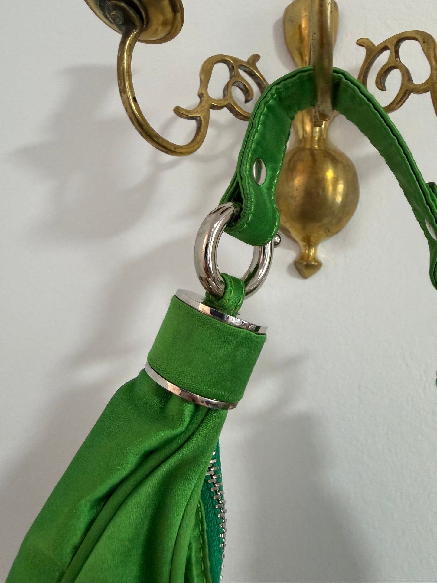 Rare Archival Chloé “Bracelet Bag” in Green Satin with hand stitched crystal beaded details