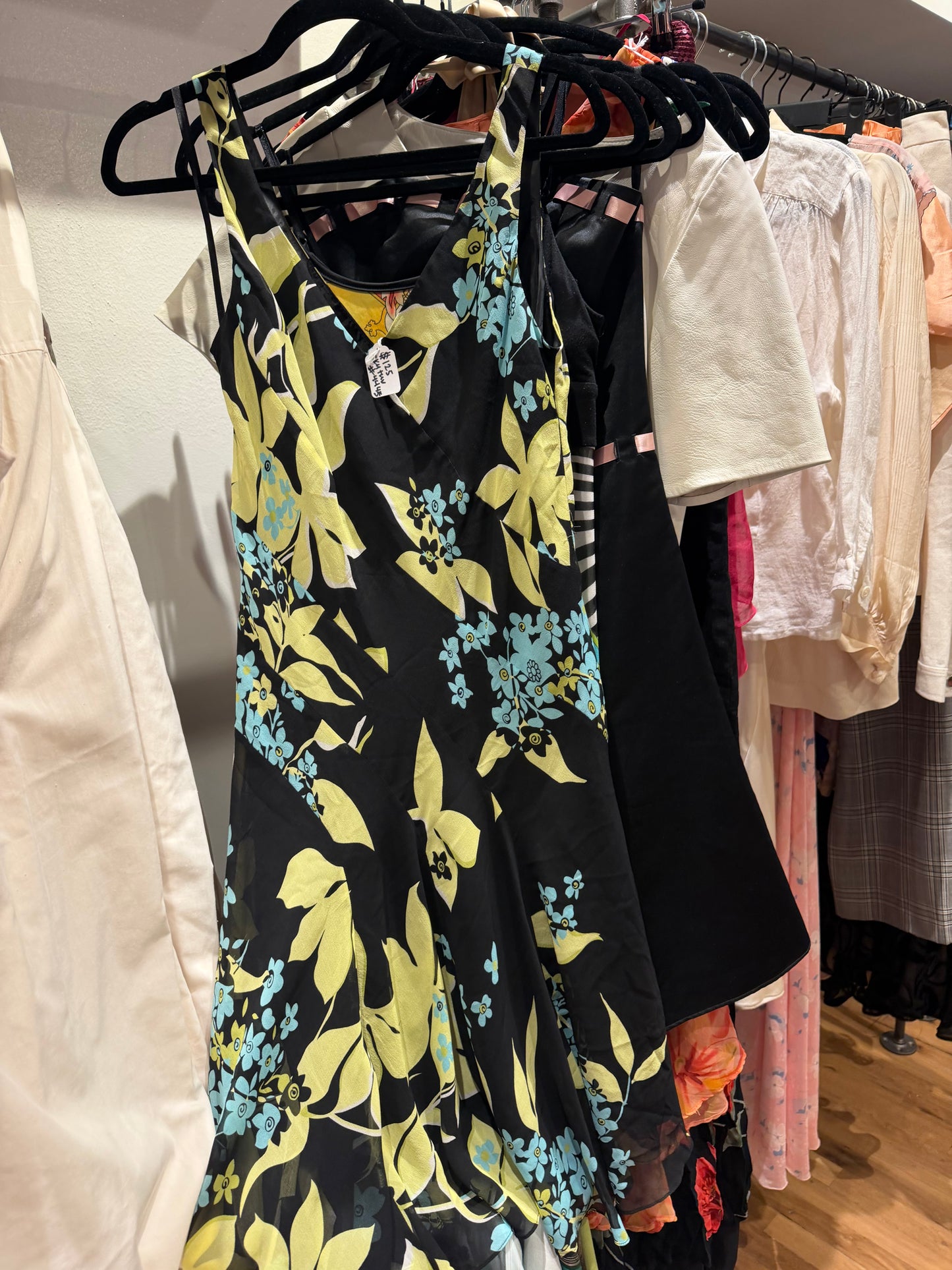 Black silk dress with green and blue flowers - cold water creek - sku tuv #4445