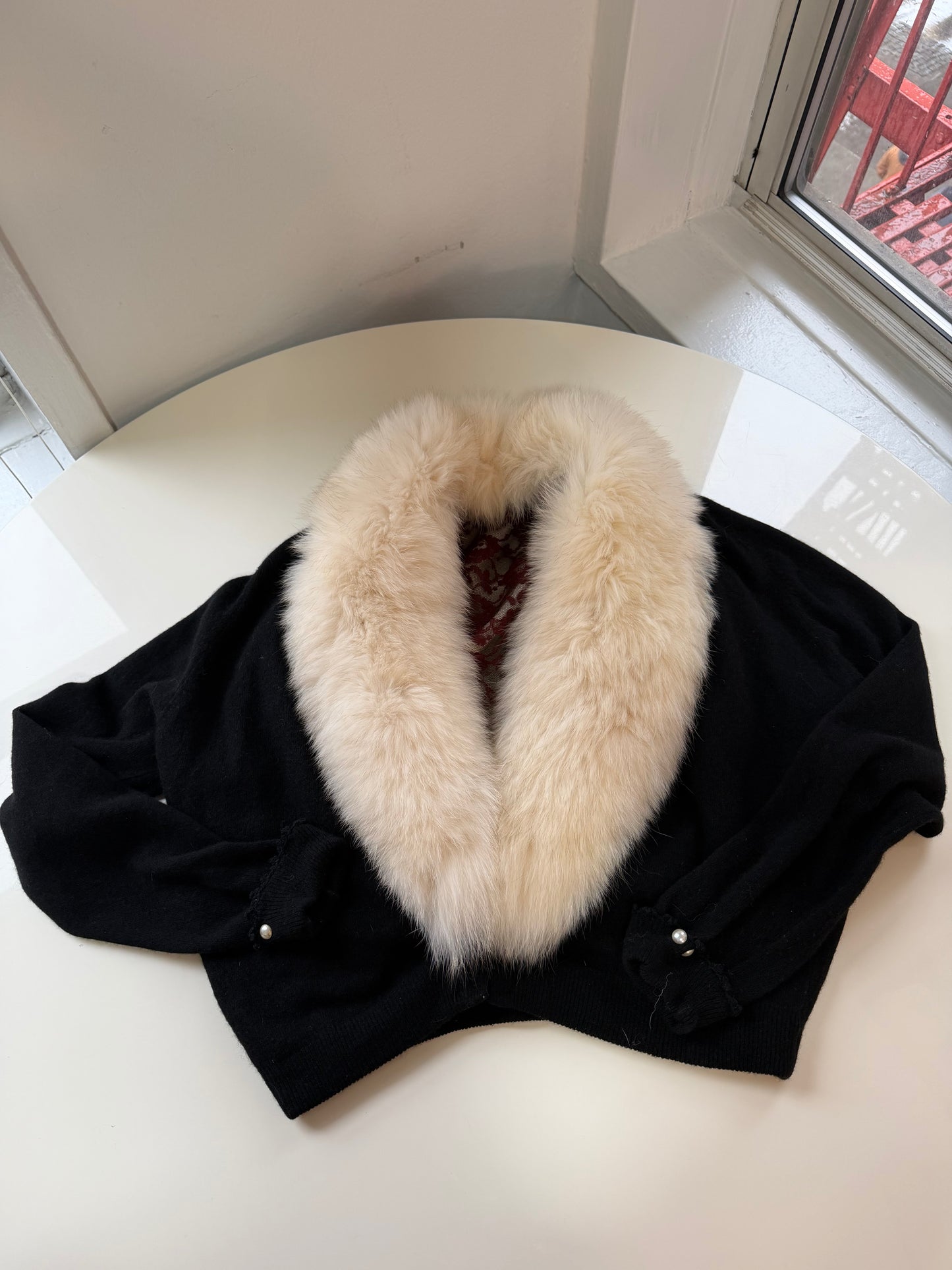 Vintage fox fur black sweater bolero with pearl details on sleeves - sku tuv #8679