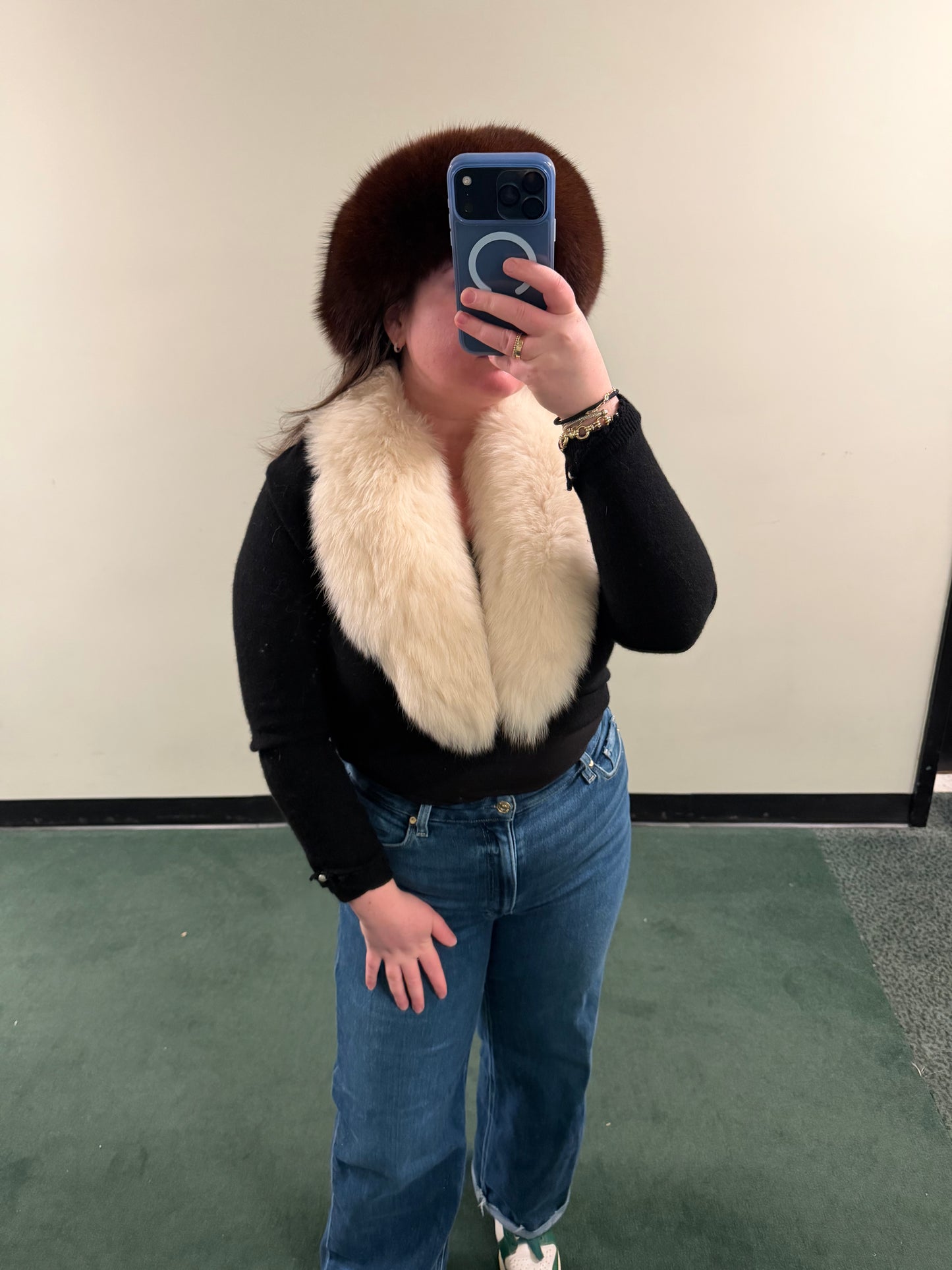 Vintage fox fur black sweater bolero with pearl details on sleeves - sku tuv #8679