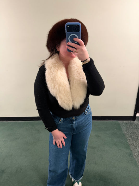 Vintage fox fur black sweater bolero with pearl details on sleeves - sku tuv #8679