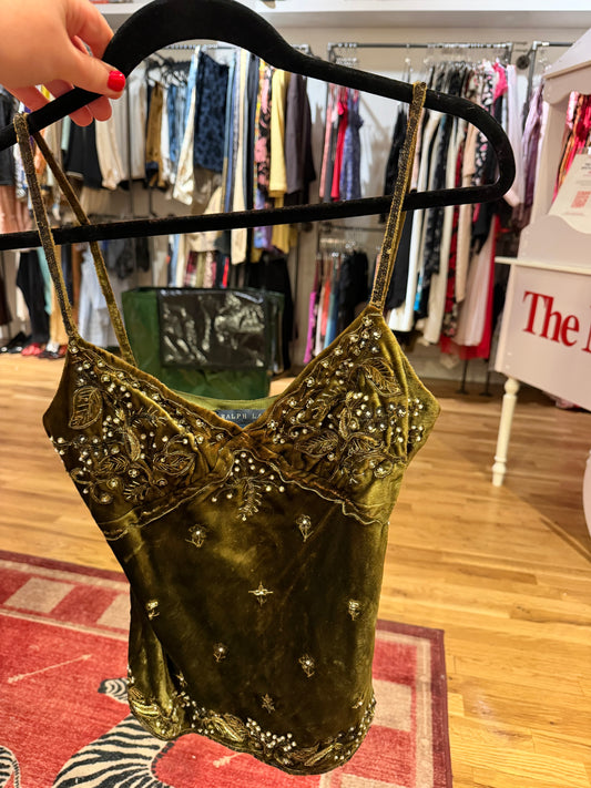 Ultra Rare Ralph Lauren 2005 green hand embroidered velvet tank - TUV #529631