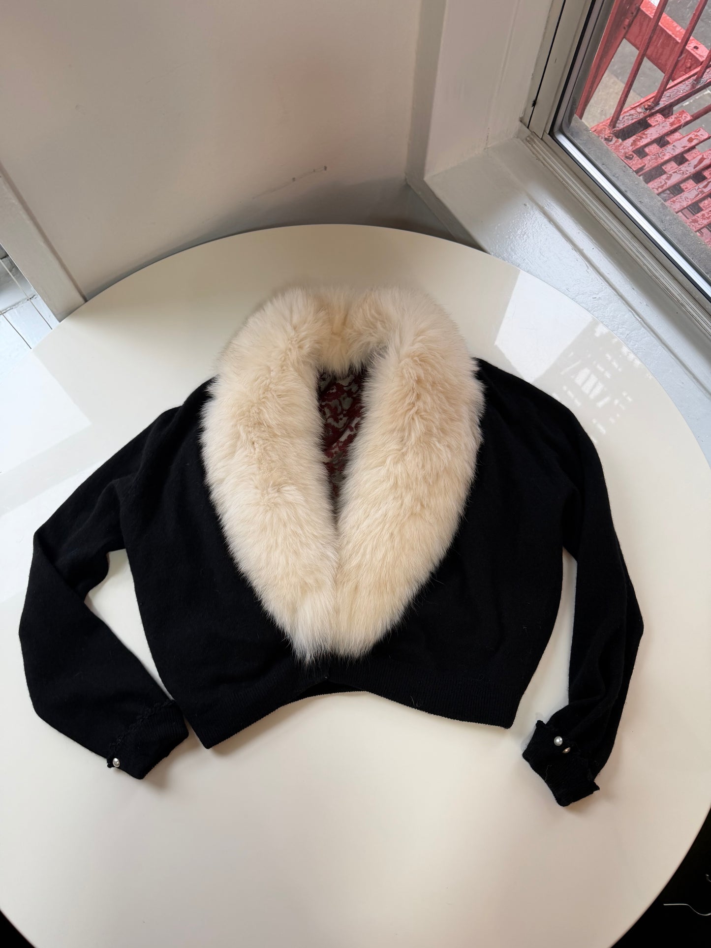 Vintage fox fur black sweater bolero with pearl details on sleeves - sku tuv #8679