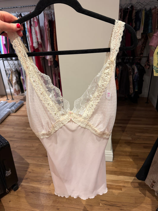 Pink lace camisole with white detail and rose at center - sku tuv #161