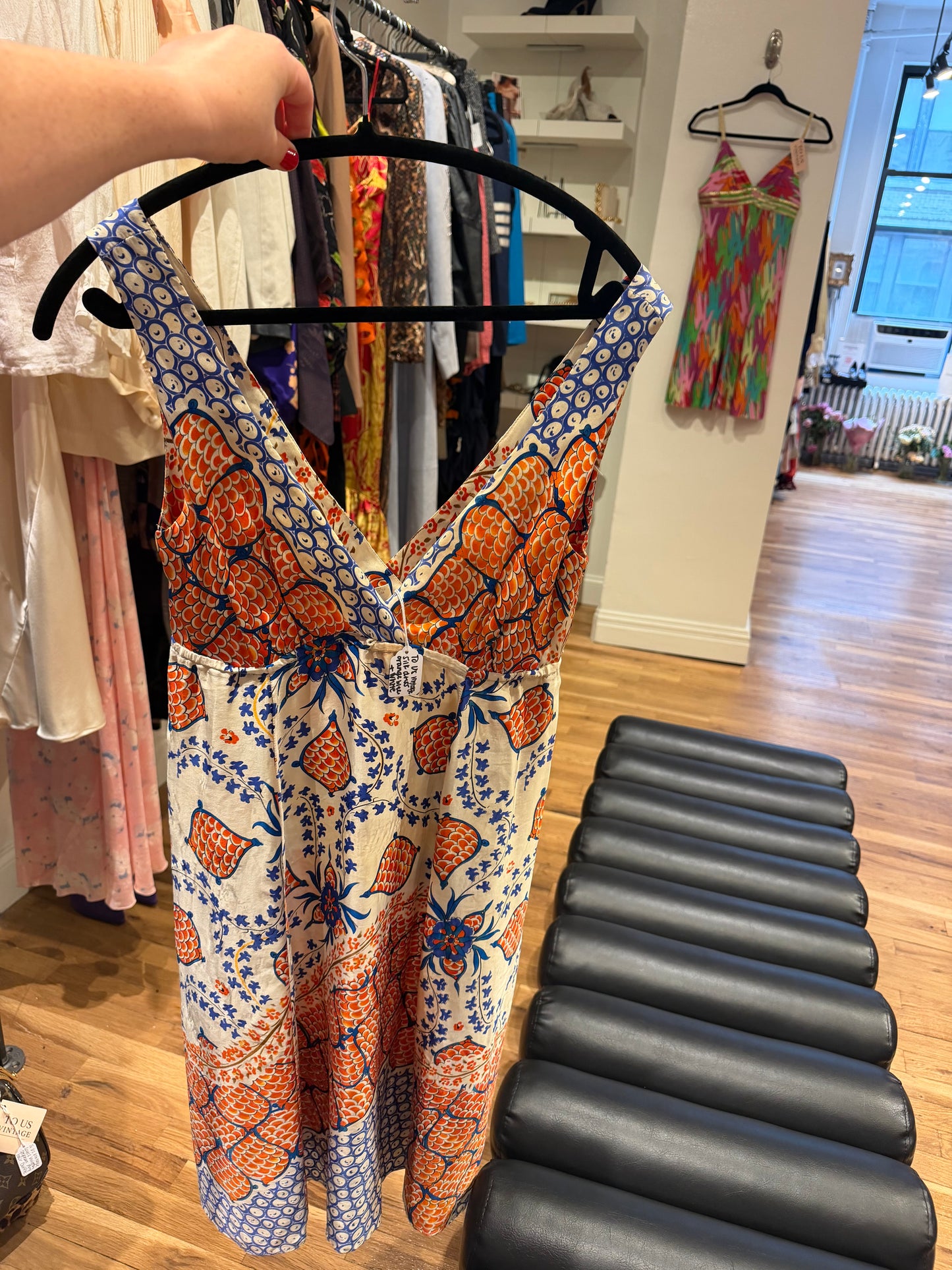 Silk dress orange blue and white