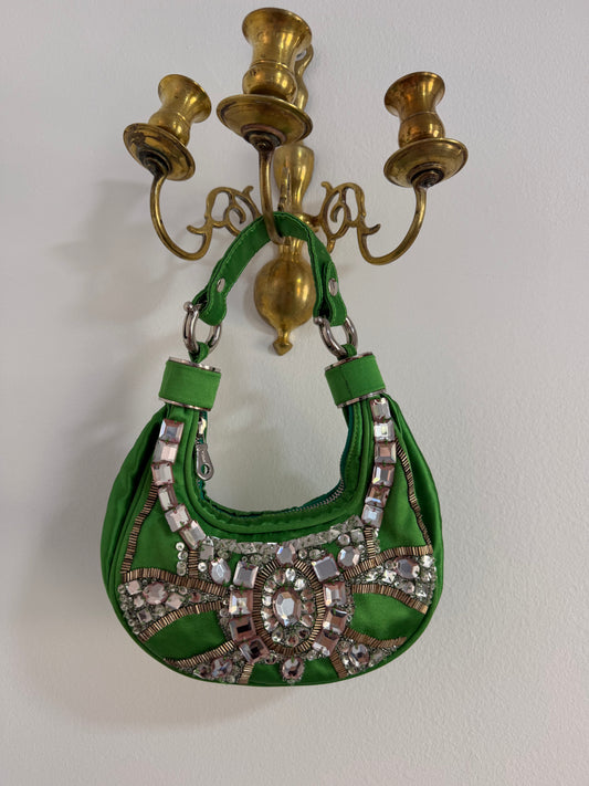 Rare Archival Chloé “Bracelet Bag” in Green Satin with hand stitched crystal beaded details - sku tuv #888